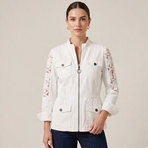 XCVI Mindset Jacket Medium M White Crochet Lace Back Boho Festival Utility Zip